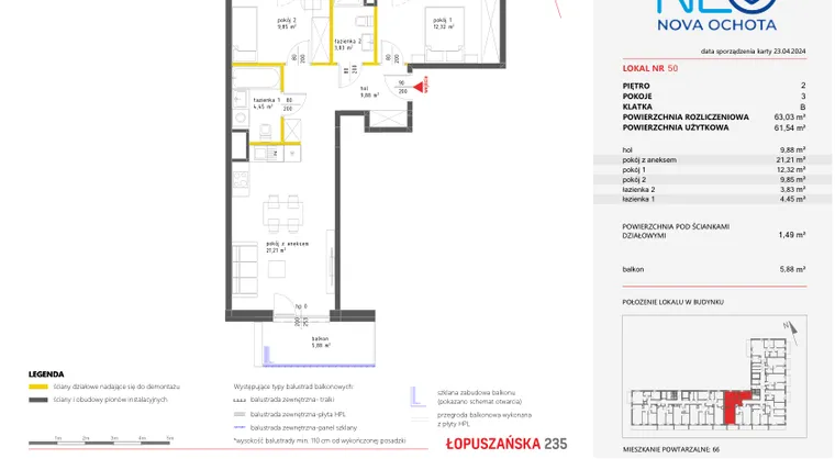 Rzut - Mieszkanie na sprzedaż 3 pokoje o powierzchni 61,67 m² - numer 50 w Neo Nova Ochota