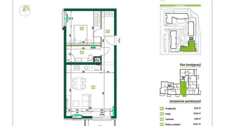 Rzut - Mieszkanie na sprzedaż 2 pokoje o powierzchni 53,68 m² - numer 9B.15 w Zielona Przystań etap III