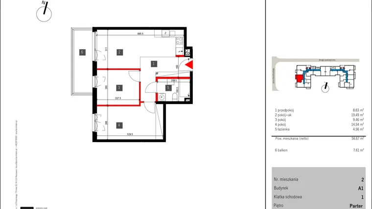 Rzut - Mieszkanie na sprzedaż 3 pokoje o powierzchni 56,17 m² - numer 2 w Mochtyńska 56