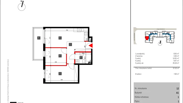 Rzut - Mieszkanie na sprzedaż 3 pokoje o powierzchni 57,32 m² - numer 12 w Mochtyńska 56