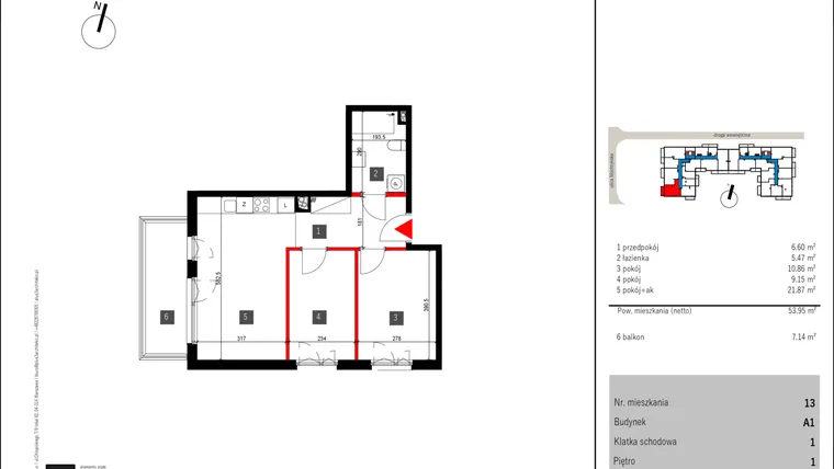 Rzut - Mieszkanie na sprzedaż 3 pokoje o powierzchni 53,15 m² - numer 13 w Mochtyńska 56