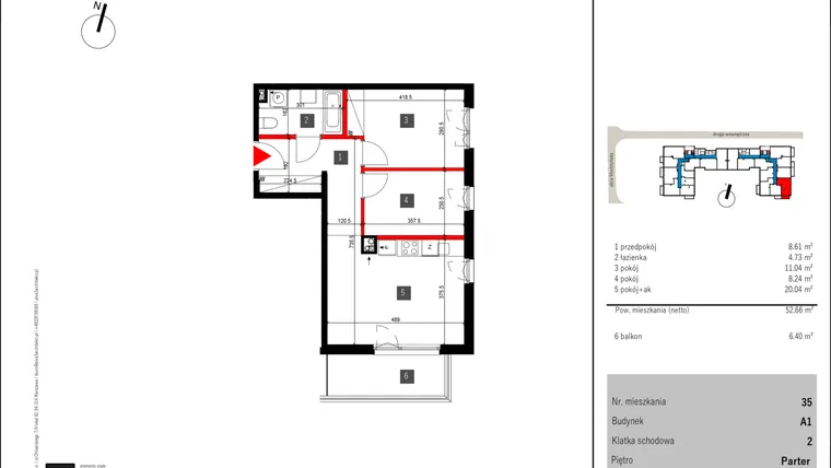 Rzut - Mieszkanie na sprzedaż 3 pokoje o powierzchni 52,66 m² - numer 35 w Mochtyńska 56