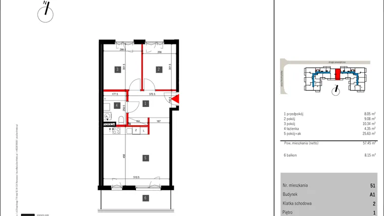 Rzut - Mieszkanie na sprzedaż 3 pokoje o powierzchni 57,45 m² - numer 51 w Mochtyńska 56