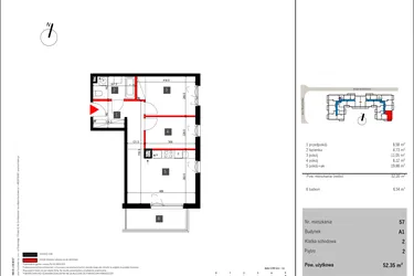 Rzut - Mieszkanie na sprzedaż 3 pokoje o powierzchni 52,35 m² - numer 57 w Mochtyńska 56