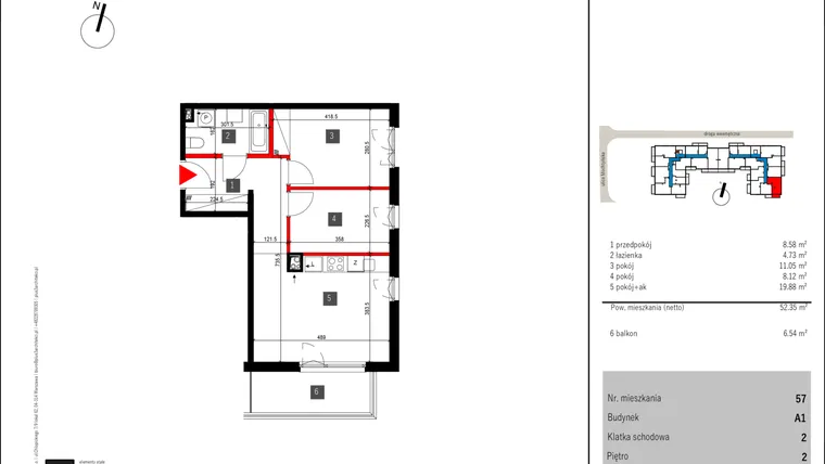 Rzut - Mieszkanie na sprzedaż 3 pokoje o powierzchni 52,35 m² - numer 57 w Mochtyńska 56