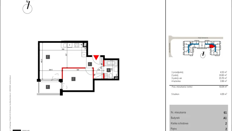 Rzut - Mieszkanie na sprzedaż 2 pokoje o powierzchni 43,04 m² - numer 61 w Mochtyńska 56