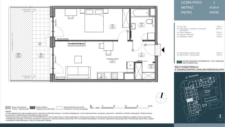 Rzut - Mieszkanie na sprzedaż 2 pokoje o powierzchni 49,58 m² - numer 6 w Portowa Zabłocie