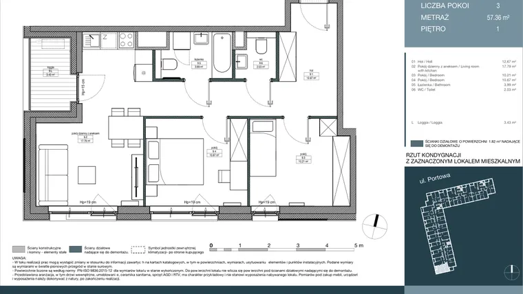 Rzut - Mieszkanie na sprzedaż 3 pokoje o powierzchni 57,36 m² - numer 9 w Portowa Zabłocie