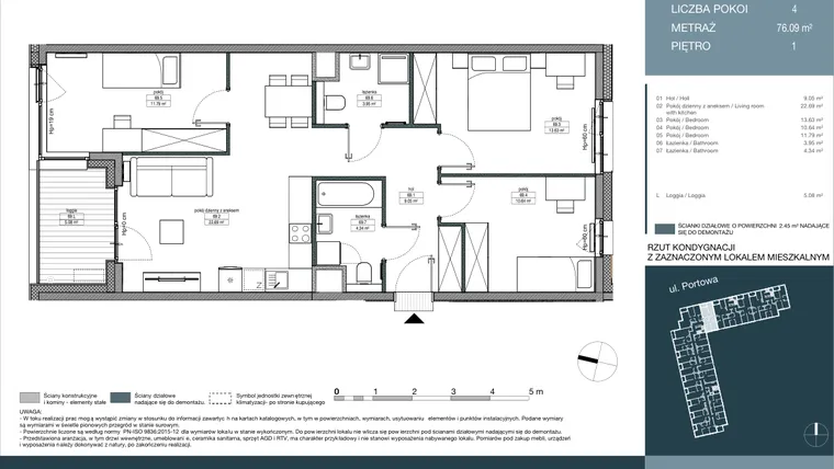 Rzut - Mieszkanie na sprzedaż 4 pokoje o powierzchni 76,09 m² - numer 69 w Portowa Zabłocie