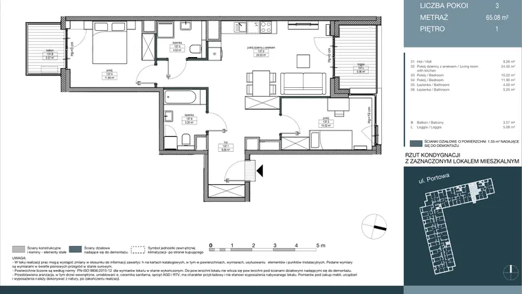 Rzut - Mieszkanie na sprzedaż 3 pokoje o powierzchni 65,08 m² - numer 137 w Portowa Zabłocie