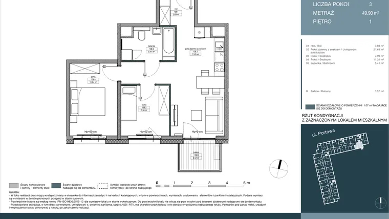 Rzut - Mieszkanie na sprzedaż 3 pokoje o powierzchni 49,9 m² - numer 138 w Portowa Zabłocie