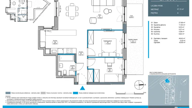 Rzut - Mieszkanie na sprzedaż 3 pokoje o powierzchni 67,13 m² - numer BA0001 w Talarowa Park