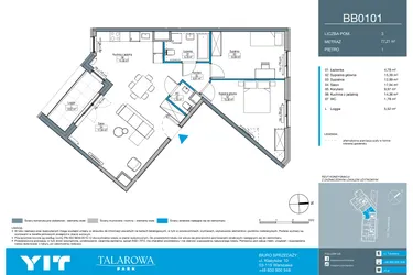 Rzut - Mieszkanie na sprzedaż 3 pokoje o powierzchni 77,21 m² - numer BB0101 w Talarowa Park