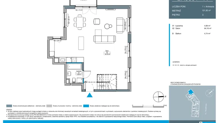Rzut - Mieszkanie na sprzedaż 1 pokój o powierzchni 101,9 m² - numer BA0301 w Talarowa Park
