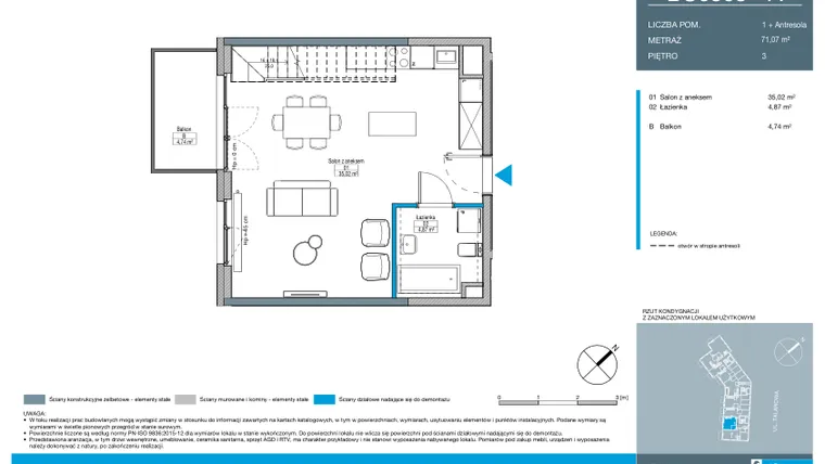 Rzut - Mieszkanie na sprzedaż 1 pokój o powierzchni 71,07 m² - numer BC0303 w Talarowa Park