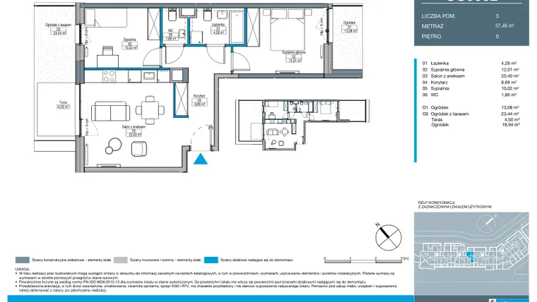 Rzut - Mieszkanie na sprzedaż 3 pokoje o powierzchni 57,46 m² - numer CC0002 w Talarowa Park