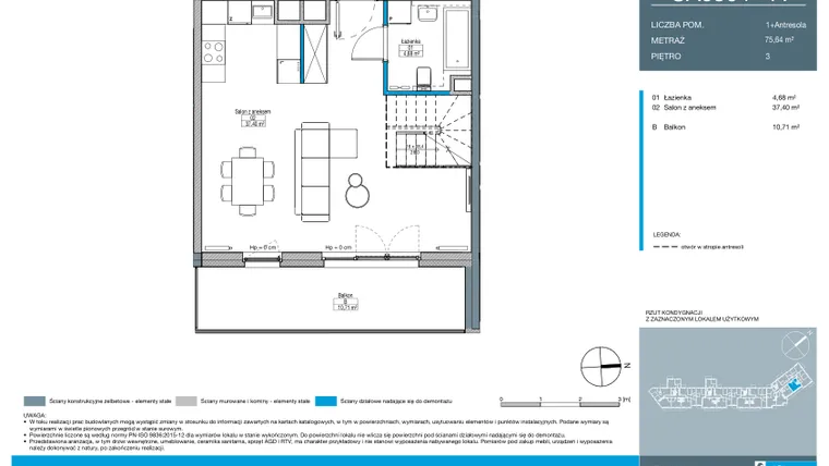 Rzut - Mieszkanie na sprzedaż 1 pokój o powierzchni 75,64 m² - numer CA0304 w Talarowa Park