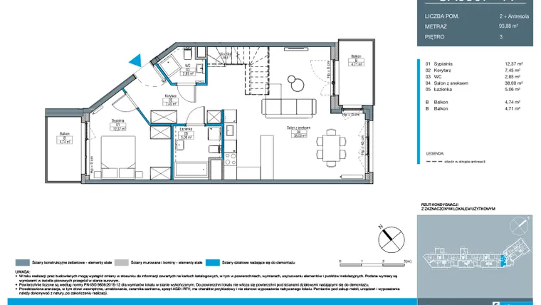 Rzut - Mieszkanie na sprzedaż 2 pokoje o powierzchni 93,88 m² - numer CA0307 w Talarowa Park