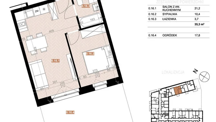 Rzut - Mieszkanie na sprzedaż 2 pokoje o powierzchni 35,3 m² - numer 016 w Szczecińska 20
