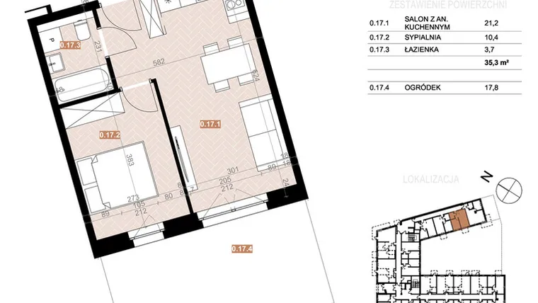 Rzut - Mieszkanie na sprzedaż 2 pokoje o powierzchni 35,3 m² - numer 017 w Szczecińska 20