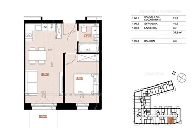 Rzut - Mieszkanie na sprzedaż 2 pokoje o powierzchni 35,5 m² - numer 106 w Szczecińska 20