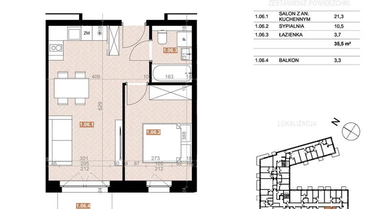 Rzut - Mieszkanie na sprzedaż 2 pokoje o powierzchni 35,5 m² - numer 106 w Szczecińska 20