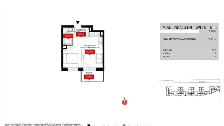 Rzut - Mieszkanie na sprzedaż 1 pokój o powierzchni 28,55 m² - numer WR1 3/1/8/1a w Przystań Reymonta