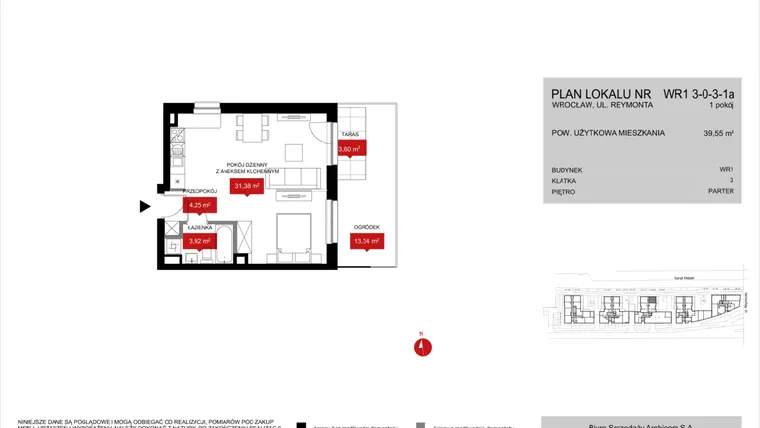 Rzut - Mieszkanie na sprzedaż 1 pokój o powierzchni 39,43 m² - numer WR1 3/0/3/1a w Przystań Reymonta