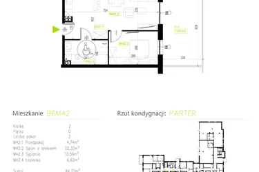 Rzut - Mieszkanie na sprzedaż 2 pokoje o powierzchni 44,27 m² - numer B6M42 w Osiedle Natura Park etap II
