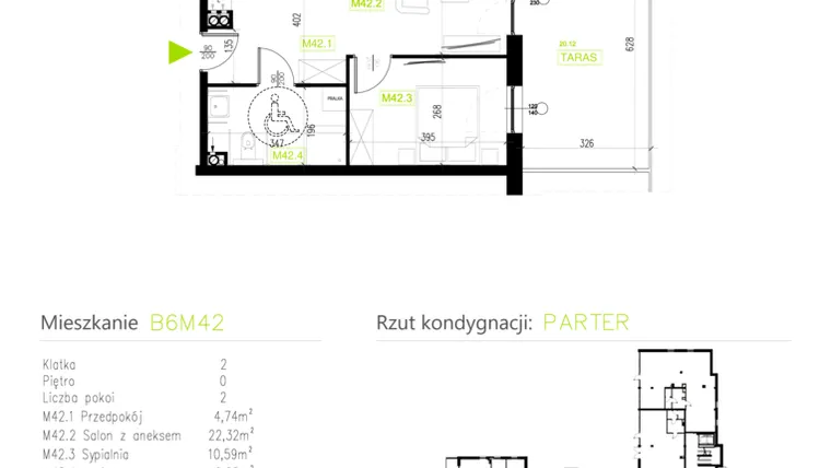 Rzut - Mieszkanie na sprzedaż 2 pokoje o powierzchni 44,27 m² - numer B6M42 w Osiedle Natura Park etap II