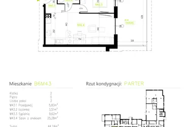 Rzut - Mieszkanie na sprzedaż 2 pokoje o powierzchni 44,24 m² - numer B6M43 w Osiedle Natura Park etap II