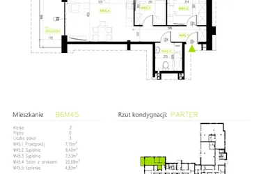 Rzut - Mieszkanie na sprzedaż 3 pokoje o powierzchni 51,61 m² - numer B6M45 w Osiedle Natura Park etap II