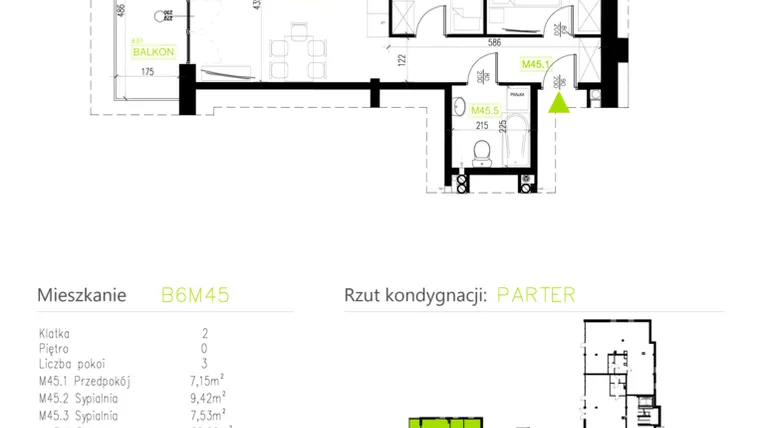 Rzut - Mieszkanie na sprzedaż 3 pokoje o powierzchni 51,61 m² - numer B6M45 w Osiedle Natura Park etap II