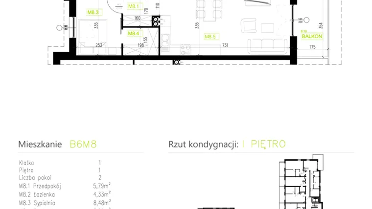 Rzut - Mieszkanie na sprzedaż 2 pokoje o powierzchni 46,15 m² - numer B6M8 w Osiedle Natura Park etap II