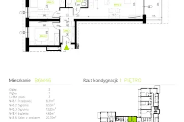 Rzut - Mieszkanie na sprzedaż 3 pokoje o powierzchni 56,01 m² - numer B6M46 w Osiedle Natura Park etap II