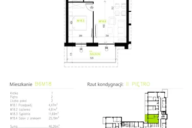 Rzut - Mieszkanie na sprzedaż 2 pokoje o powierzchni 46,26 m² - numer B6M18 w Osiedle Natura Park etap II