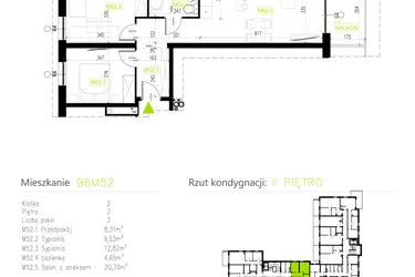 Rzut - Mieszkanie na sprzedaż 3 pokoje o powierzchni 56,01 m² - numer B6M52 w Osiedle Natura Park etap II