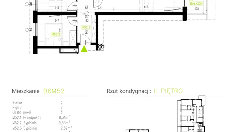 Rzut - Mieszkanie na sprzedaż 3 pokoje o powierzchni 56,01 m² - numer B6M52 w Osiedle Natura Park etap II