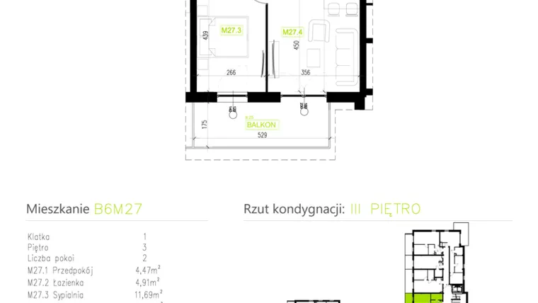 Rzut - Mieszkanie na sprzedaż 2 pokoje o powierzchni 46,26 m² - numer B6M27 w Osiedle Natura Park etap II
