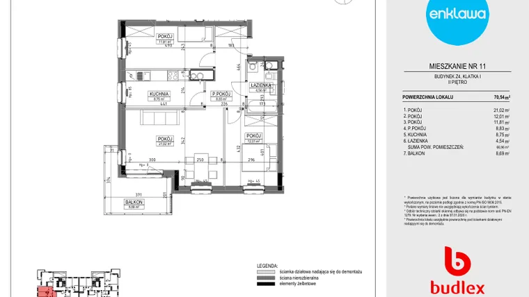 Rzut - Mieszkanie na sprzedaż 3 pokoje o powierzchni 68,59 m² - numer Z4.11 w Enklawa Apartamenty Z4 i Z5