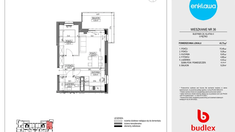 Rzut - Mieszkanie na sprzedaż 2 pokoje o powierzchni 43,44 m² - numer Z4.36 w Enklawa Apartamenty Z4 i Z5
