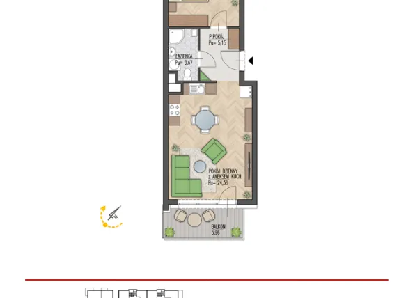 Rzut - Mieszkanie na sprzedaż 2 pokoje o powierzchni 44,76 m² - numer 6 w Enklawa Starosielce