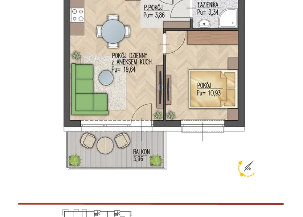Rzut - Mieszkanie na sprzedaż 2 pokoje o powierzchni 37,92 m² - numer 28 w Enklawa Starosielce