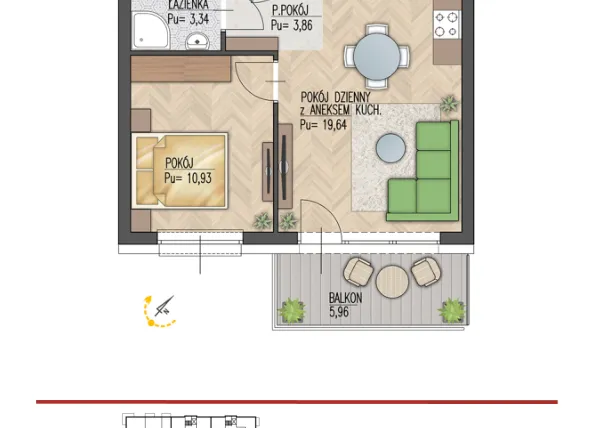 Rzut - Mieszkanie na sprzedaż 2 pokoje o powierzchni 37,77 m² - numer 29 w Enklawa Starosielce