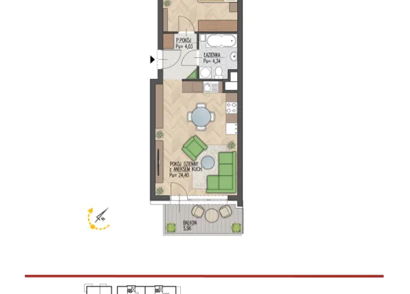 Rzut - Mieszkanie na sprzedaż 2 pokoje o powierzchni 46,47 m² - numer 31 w Enklawa Starosielce