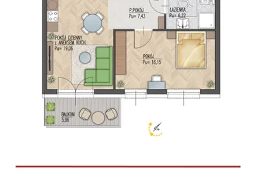 Rzut - Mieszkanie na sprzedaż 2 pokoje o powierzchni 49,54 m² - numer 32 w Enklawa Starosielce