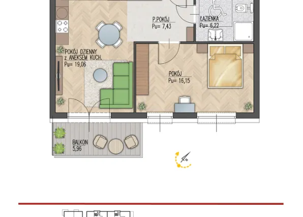 Rzut - Mieszkanie na sprzedaż 2 pokoje o powierzchni 49,54 m² - numer 32 w Enklawa Starosielce