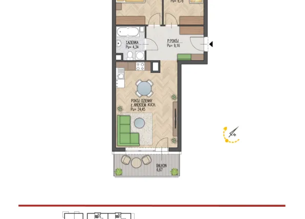 Rzut - Mieszkanie na sprzedaż 3 pokoje o powierzchni 59,07 m² - numer 33 w Enklawa Starosielce