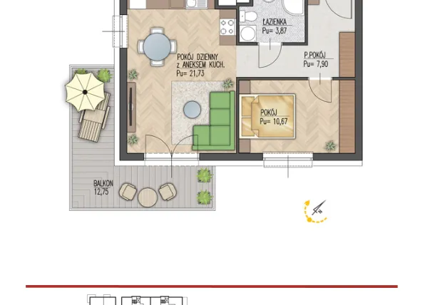 Rzut - Mieszkanie na sprzedaż 2 pokoje o powierzchni 44,17 m² - numer 48 w Enklawa Starosielce