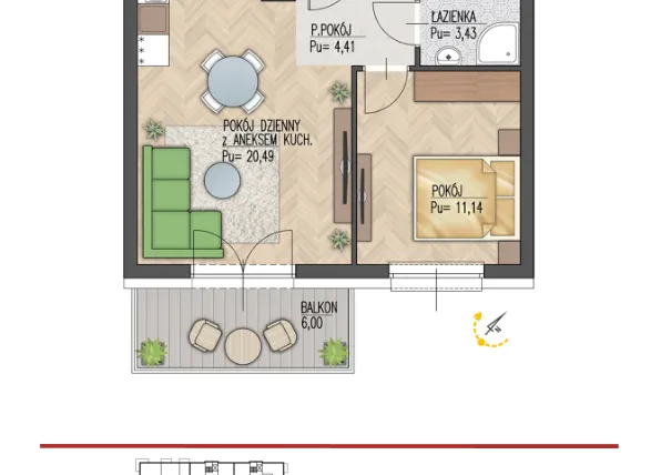 Rzut - Mieszkanie na sprzedaż 2 pokoje o powierzchni 39,68 m² - numer 67 w Enklawa Starosielce